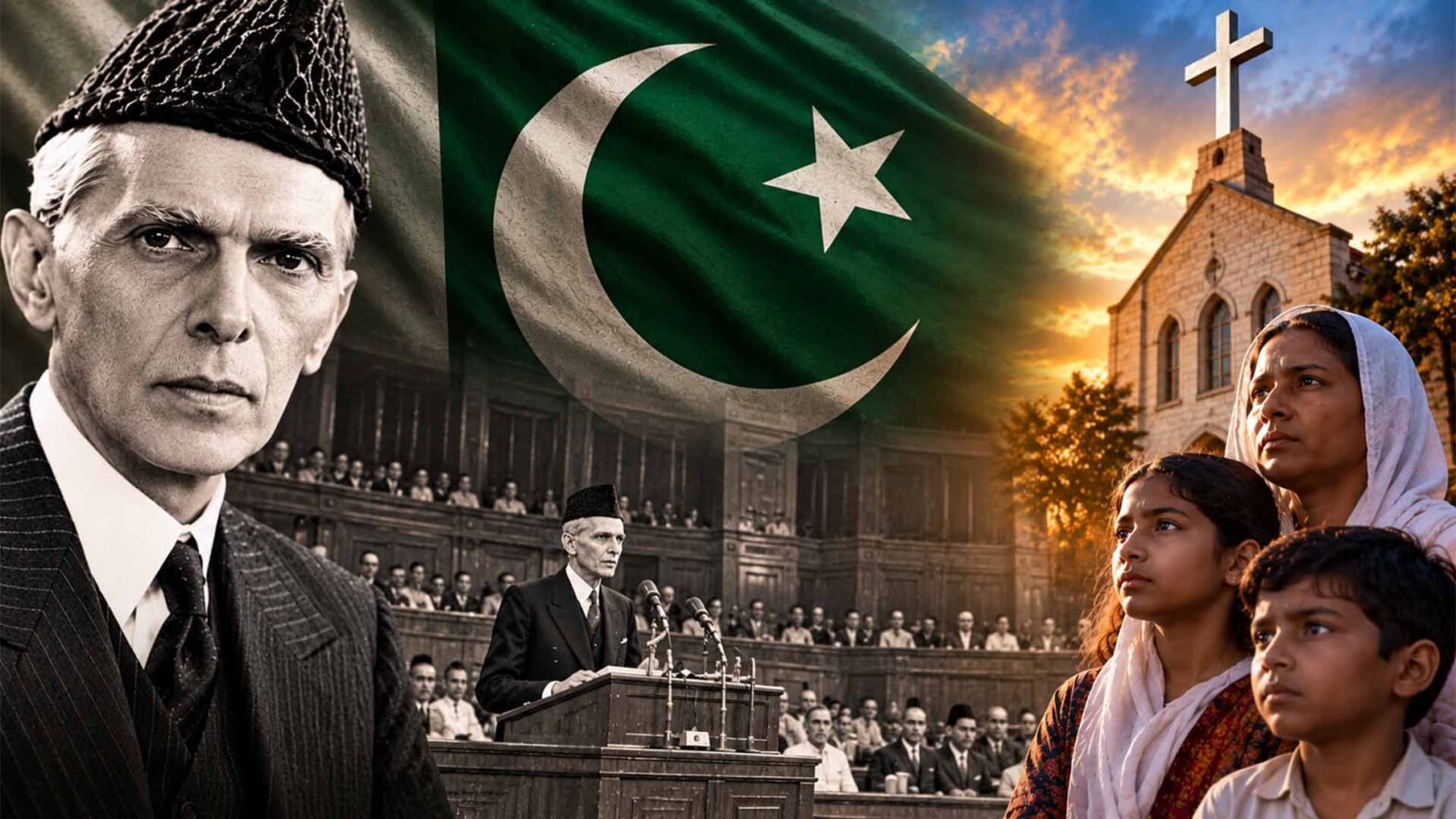 Muhammad Ali Jinnah e uma representação simbólica dos cristãos no Paquistão, destacando a liberdade religiosa e a luta pela igualdade de direitos.