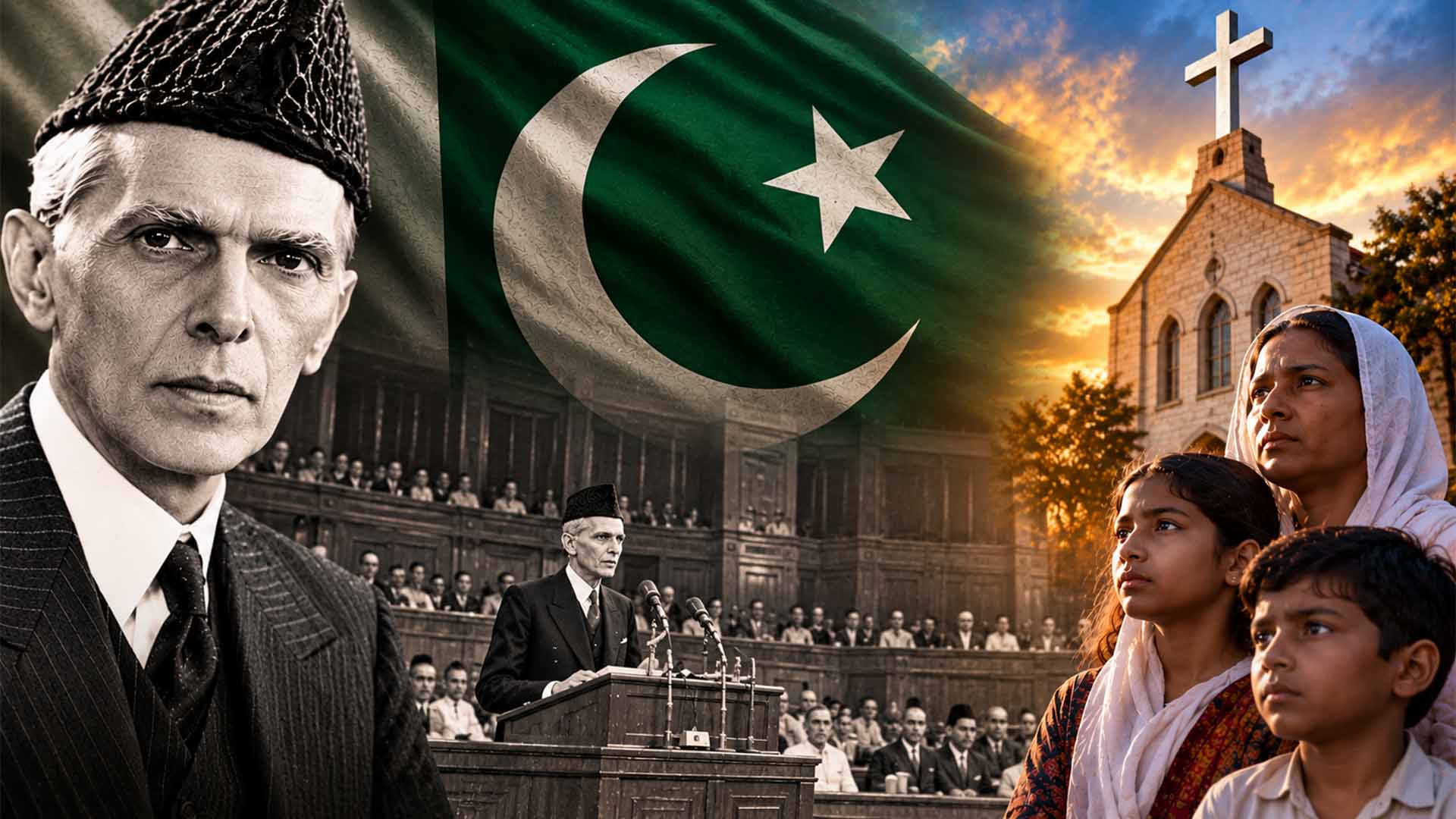 Muhammad Ali Jinnah e uma representação simbólica dos cristãos no Paquistão, destacando a liberdade religiosa e a luta pela igualdade de direitos.